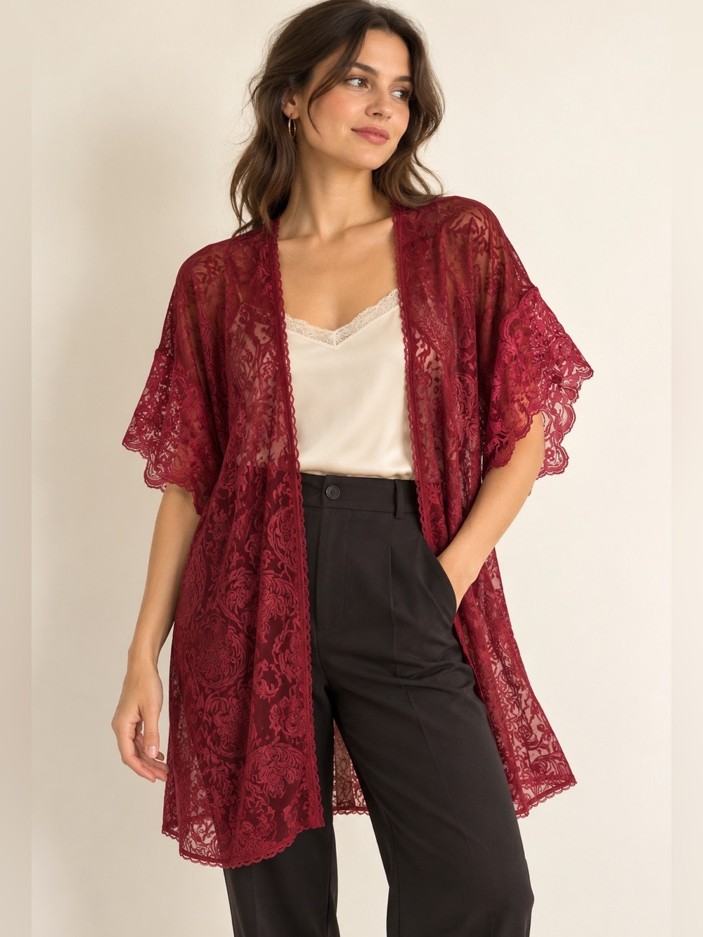 Vintage Deena Burgundy Sheer Jacquard Lace Robe Kimono Cover Up